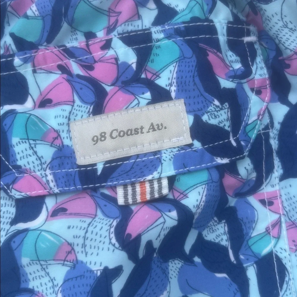98 Coast Av. Men's Blue Pink Toucan Bird Design Lined Swim Trunks Size L